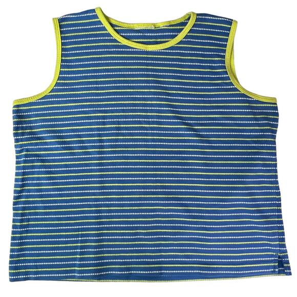 Ladies Blue Summer Knit Tank Top White & Yellow Stripes Contrasting Yellow Trim - Picture 3 of 13